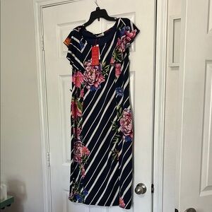 Navy and White Sheath floral stripe Midi Dress